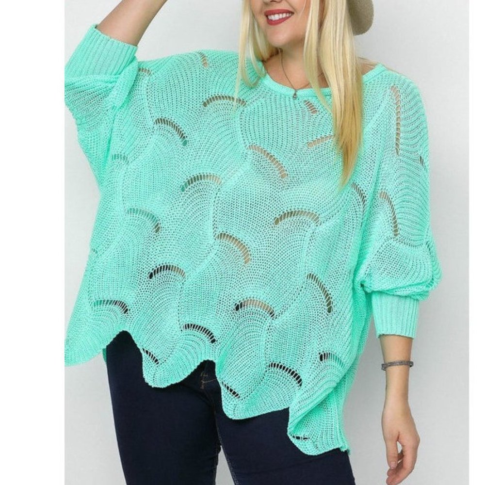 Plus Boho Mint Crochet Knit Kimono Tunic Sweater - Picture 5 of 5